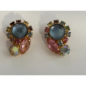 Vintage Gold Tone Clip On Earrings Multicolored Rhinestones